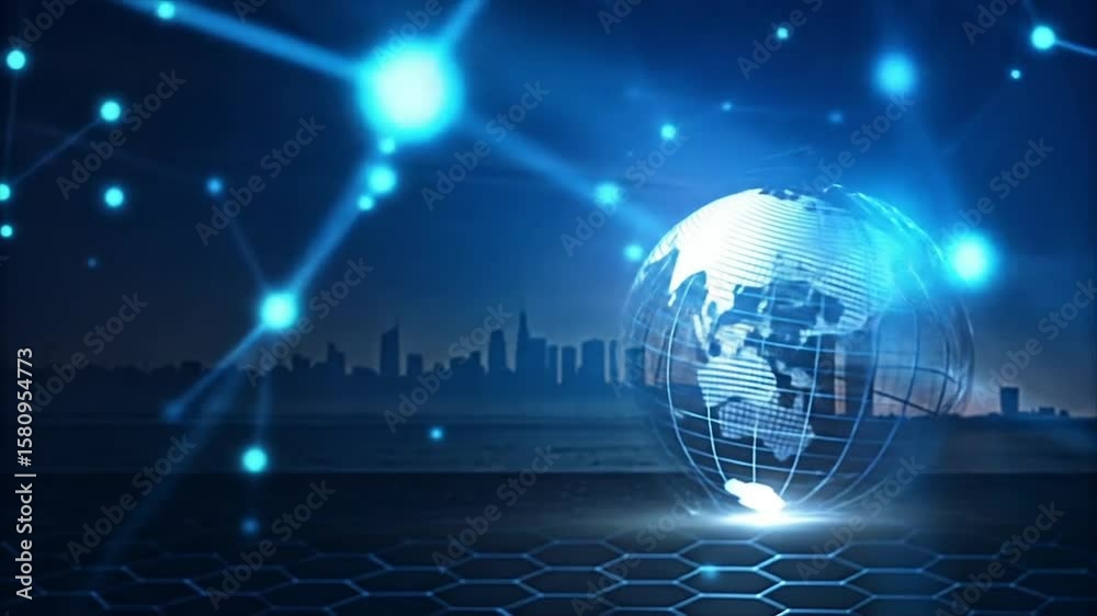 Wireframe globe over high-tech hexagonal surface at night. Digital art of futuristic global connectivity. Bright white continents on deep blue backdrop.