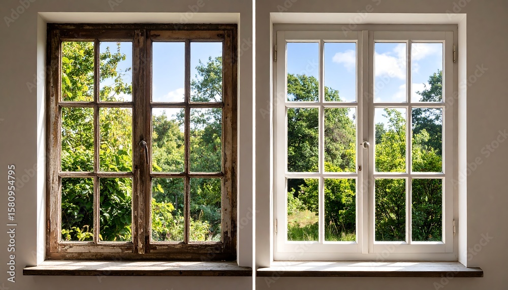 Fototapeta premium Renovated window, before and after