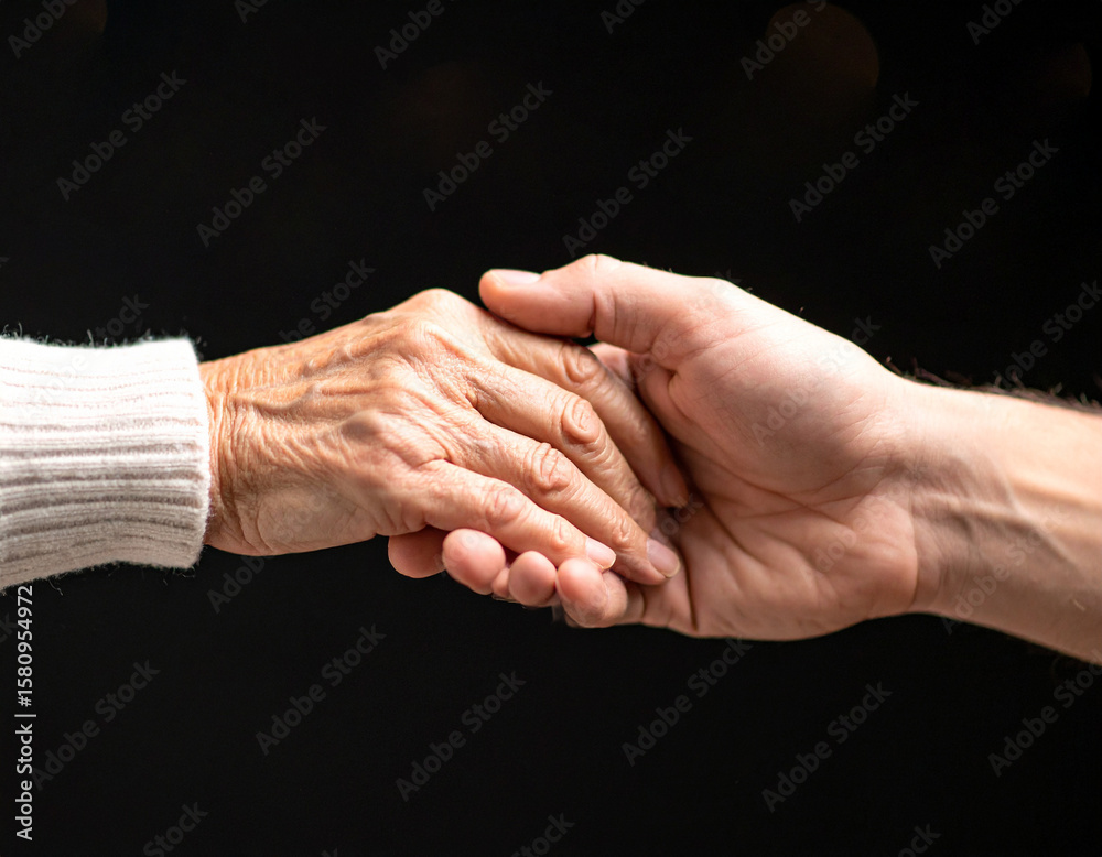 Fototapeta premium Dos manos unidas de diferentes edades representan la diversidad, la inclusión y la solidaridad como valores universales en la lucha contra la desigualdad y en defensa de los derechos humanos