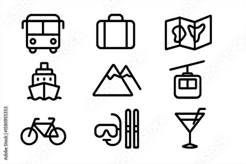 Minimalist travel icons: adventure, vacation, and leisure symbols