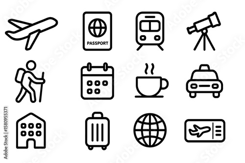 Travel and transportation icons: passport, train, airplane, and more