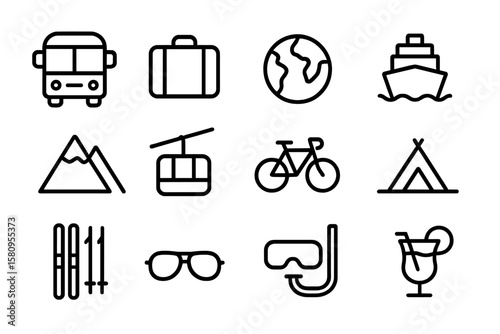 Travel and adventure icons set: transportation, leisure, and nature symbols