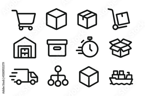Minimalist icons for shipping and logistics in black and white design