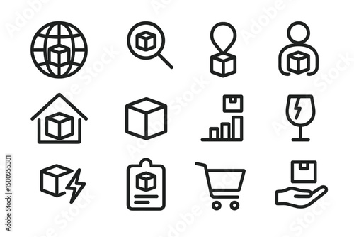 Simple logistics and delivery icons on dark background