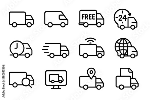 Collection of delivery truck icons featuring timely logistics and modern shipping