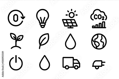 Eco-friendly icons set: renewable energy and sustainability symbols in linear style