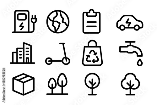Eco-friendly icon set: electric vehicles, sustainability, nature conservation, recycling symbols