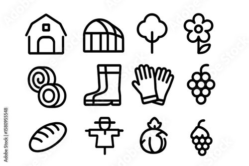 Linear farm and garden icons: barn, greenhouse, plants, and tools