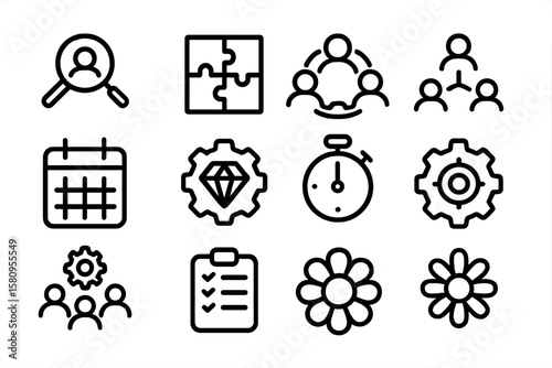 Professional line icons set: teamwork, planning, and efficiency