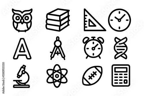 Education icons set: minimalist school and science symbols in black outline style