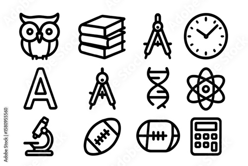 Set of education and science icons: owl, books, compass, dna, atom, microscope