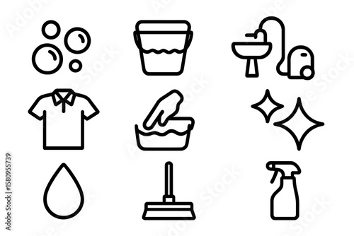 Minimalist cleaning icons: essential household chores in linear style