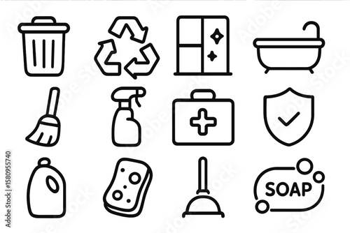 Minimalist household cleaning icons collection featuring essential tools