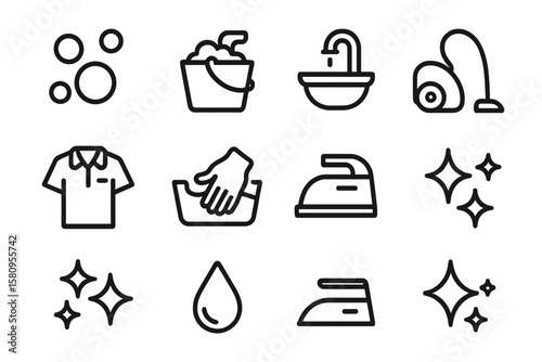 Minimalist laundry and cleaning icons set on dark background