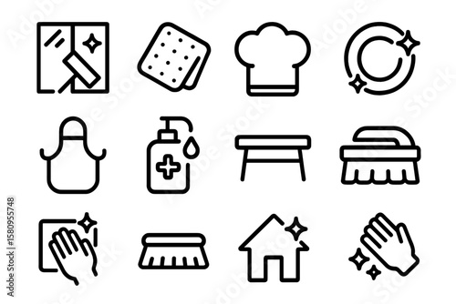 Cleaning icons set: hygienic tools in minimalist line art style