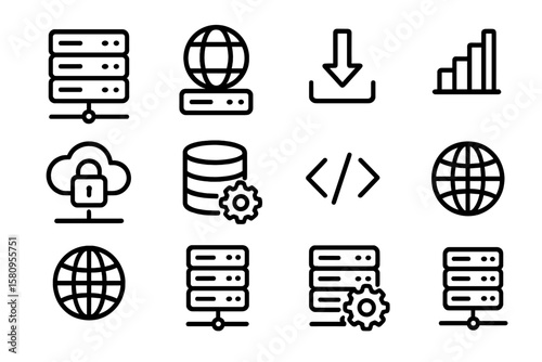 Set of network and server icons: technology and data management symbols