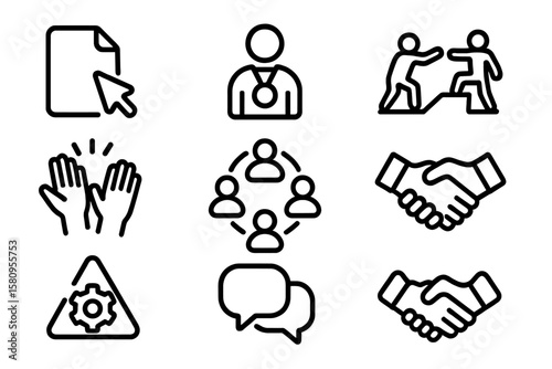 Minimalist icons representing teamwork, communication, and achievement