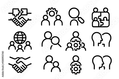 Minimalist icons for teamwork, communication, and networking concepts in linear style