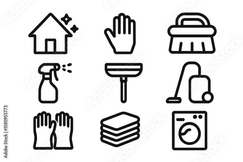 Household cleaning icons set: essential tools and supplies in modern linear style
