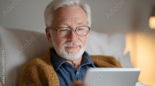 An elderly man enjoying a quiet moment while reading on his tablet at home, showcasing modern technology and comfort. photo