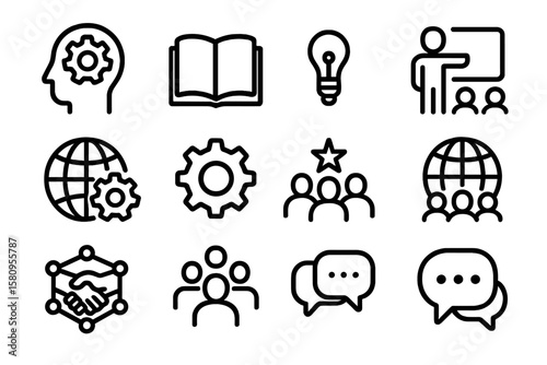 Minimalist education and business icons collection with global network focus