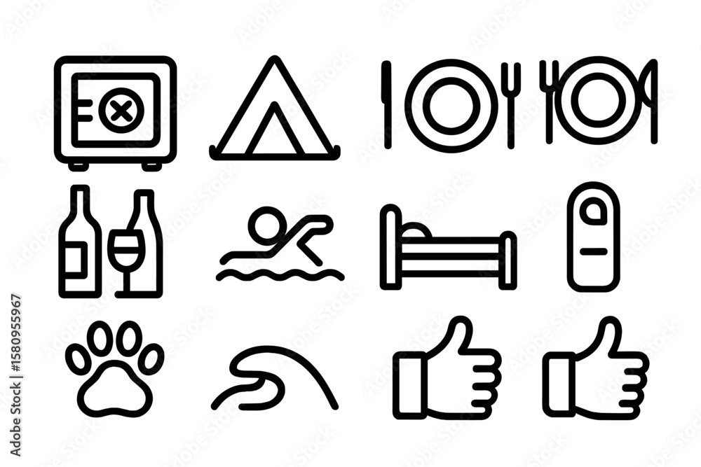 Fototapeta premium Minimalist camping icons: adventure and outdoor activities symbol set