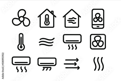 Black linear icons of hvac and climate control devices for home automation