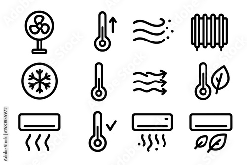 Modern line icons of heating and cooling systems for home and office