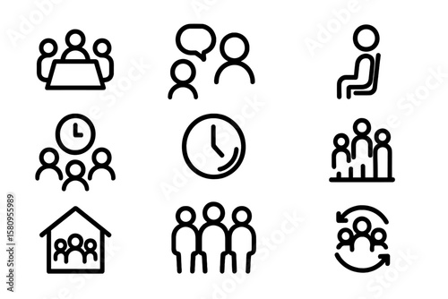 Minimalist meeting and teamwork icons set on dark background