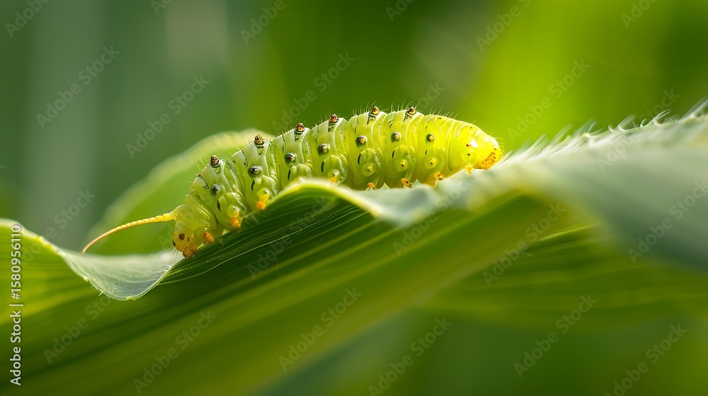 Naklejka premium Armyworm Larva Crawling Across A Maize Leaf, With Visible Chew Marks And Frass (Droppings) Around It. The Worm Is Mid-Frame, Slightly Elevated On A Leaf Fold. Natural Lighting With Soft Shadows. --A