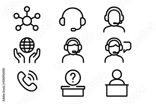 Minimalist customer service icons set with headsets and communication symbols