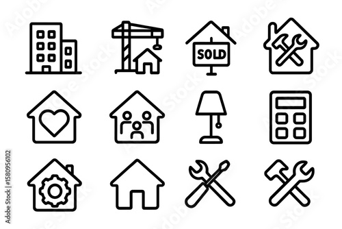 Home and construction icons set with tools and symbols on black background