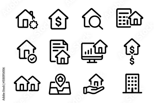 Real estate icons: finance and analytics in clean line style