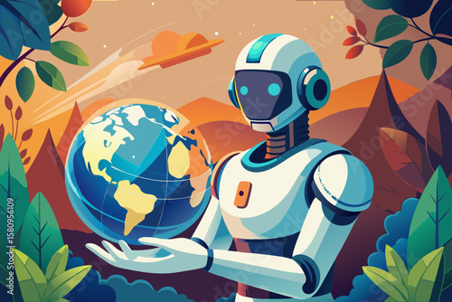 Robot Holding Globe with Spaceship Flying By in a Colorful Landscape