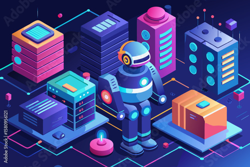 Isometric Robot Standing Among Colorful Servers and Data Centers in a Futuristic City