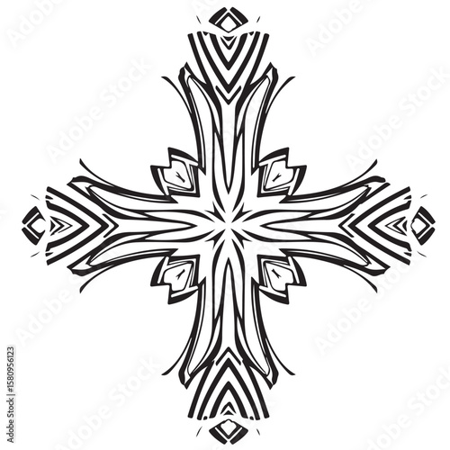 Ornate gothic cross design element in black and white, decorative vector illustration.