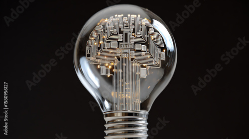 An innovative light bulb design showcasing an integrated circuit pattern, symbolizing advancements in technology and energy efficiency. photo