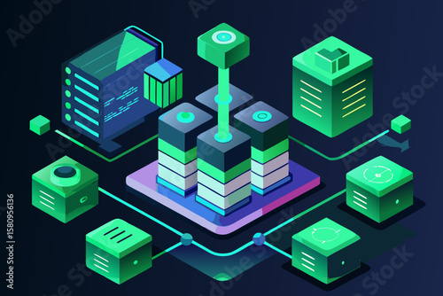 Isometric Data Center Illustration with Connected Servers and Network Nodes