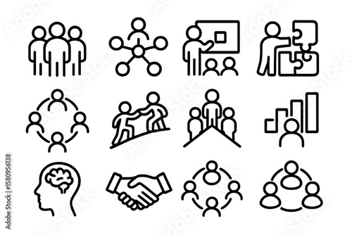 Linear icons depicting teamwork and collaboration in business settings