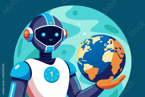 Friendly Robot Holding the Earth in Space with a Moon Background