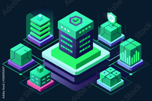 Isometric Data Center Illustration with Servers Security and Network Connections on Dark Background