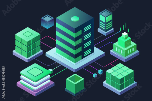 Isometric Data Center Illustration with Servers and Network Connections in Green and Blue