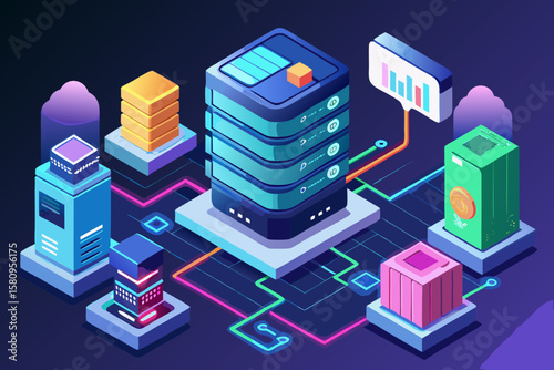 Isometric Data Center Illustration with Servers Cloud Storage and Network Connections
