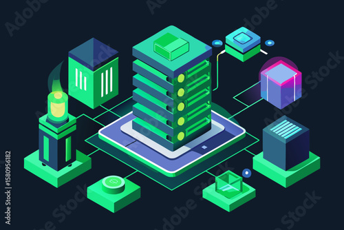 Isometric Illustration of Data Network with Servers Nodes and Connections