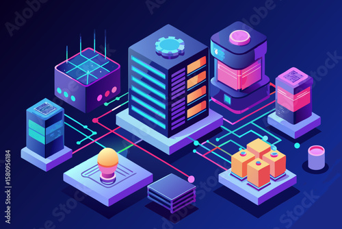 Isometric Data Center Illustration with Servers Network Connections and Lightbulb Idea