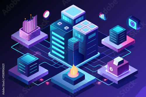 Isometric Illustration of Data Centers Cloud Computing and Network Connections in Purple and Blue