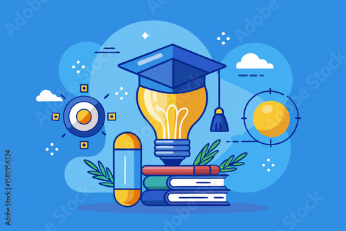 Education Concept with Lightbulb Graduation Cap Books and Abstract Shapes on Blue Background