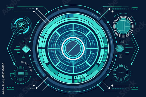 Futuristic Interface with Circular Design and Teal Accents on a Dark Background