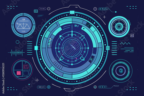 Futuristic Technology Interface with Circular HUD Elements and Data Visualization