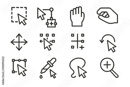 Cursor and editing icon set: comprehensive linear design in dark mode